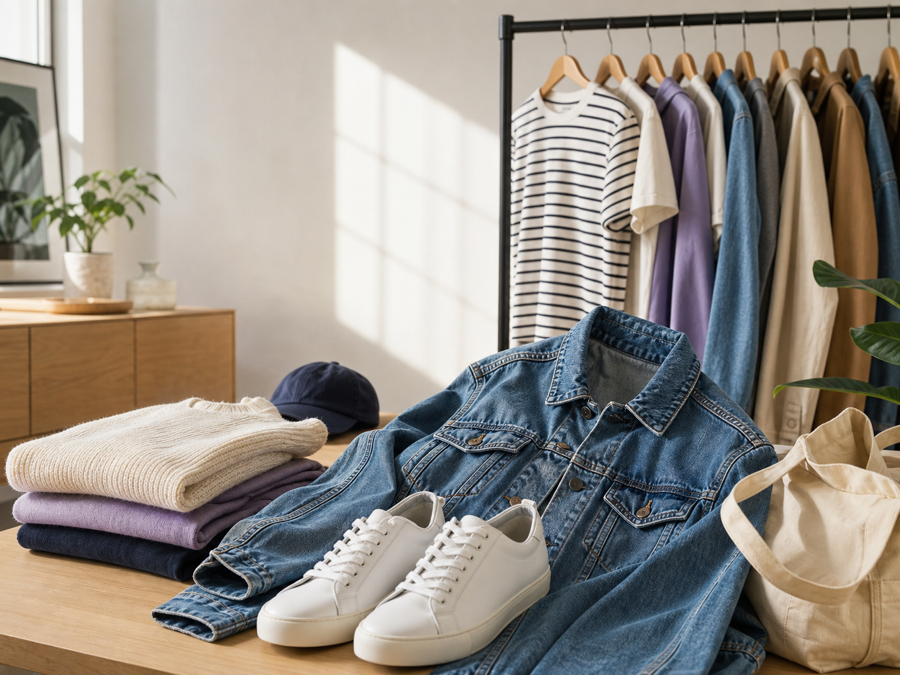 A curated rack of colorful everyday clothing in a bright fashion studio