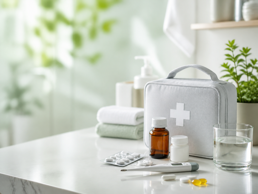 A pharmacy counter with health and wellness products