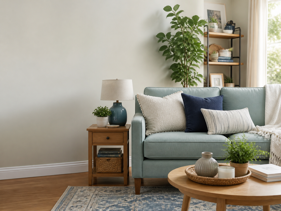 A bright, well-furnished living room with modern furniture