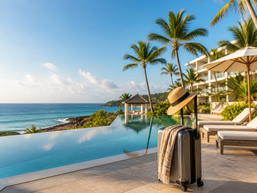 A sunny resort destination beside clear blue water