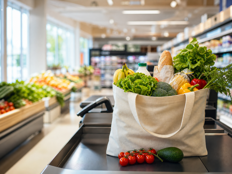 A reusable grocery bag filled with fresh food in a bright supermarket