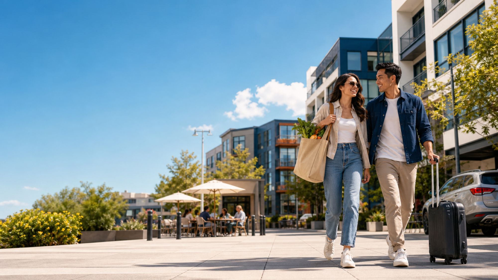 A couple carrying groceries and luggage through a sunny American neighborhood